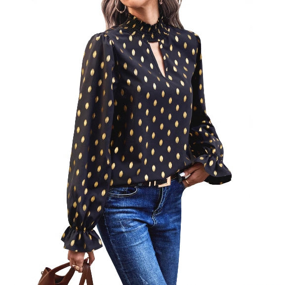 Damen elegante Bluse mit modischem Halsausschnitt und goldenen Akzenten Drune