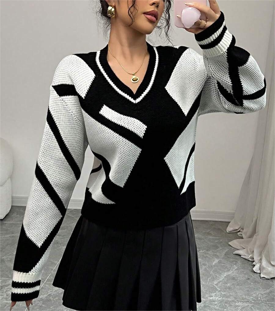 Damen moderner Strickpullover mit V-Ausschnitt und grafischem Muster Drune