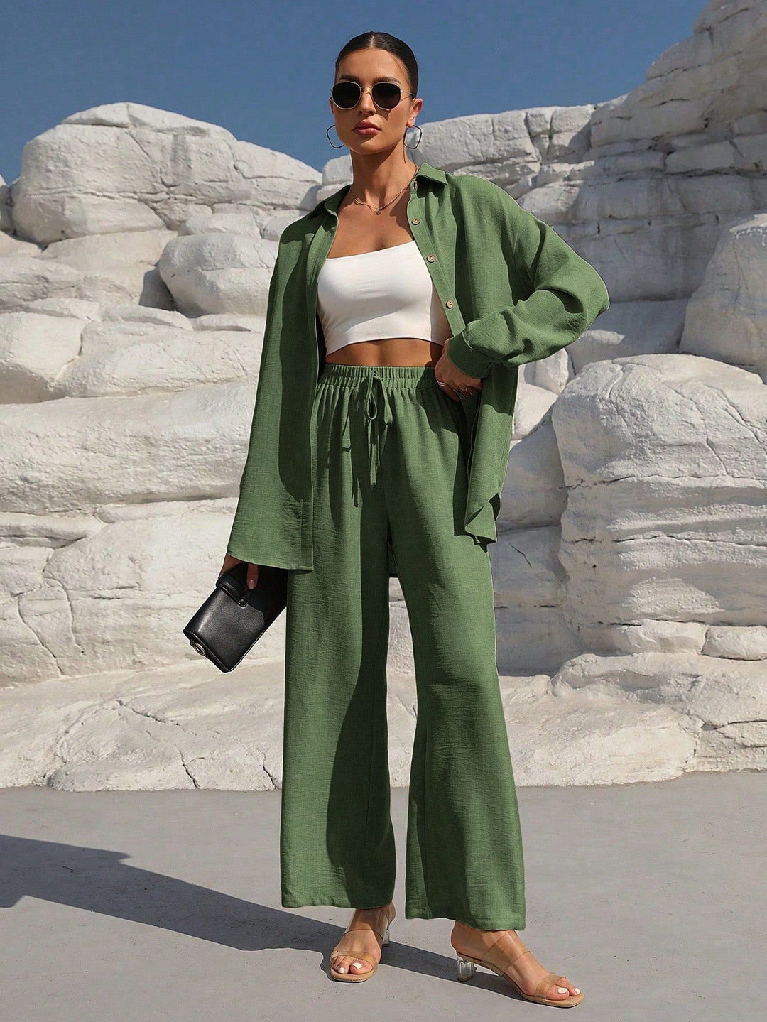 Damen lässiger Satin-Loungewear-Anzug mit weitem Schnitt und nachhaltigem Stoff Drune
