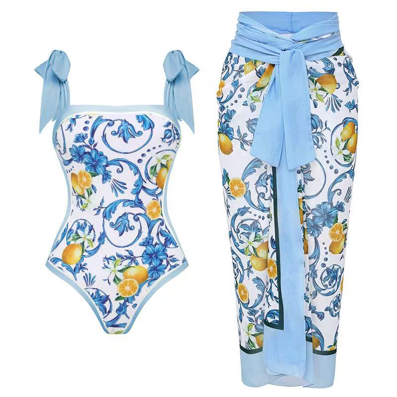 Damen Badeanzug mit floralem Design und transparentem Wickelrock Drune