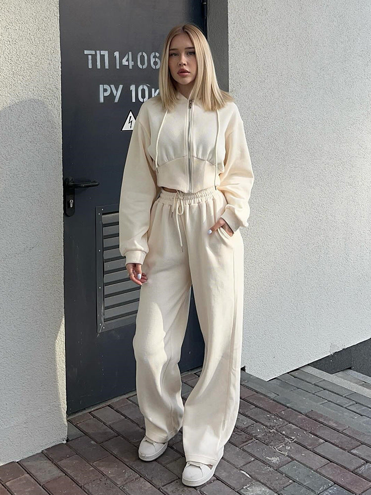 Damen nan zweiteiliges Cropped Hoodie-Set mit weitem Bundhose-Schnitt und tailliertem Reißverschluss Drune