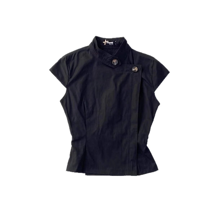 Damen Modisches Kurzarmshirt mit Stehkragen und dezenten Knopfdetails Drune