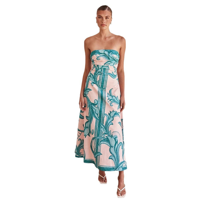 Damen Strapless Maxikleid mit floralem Design und elegantem A-Linien Schnitt Drune
