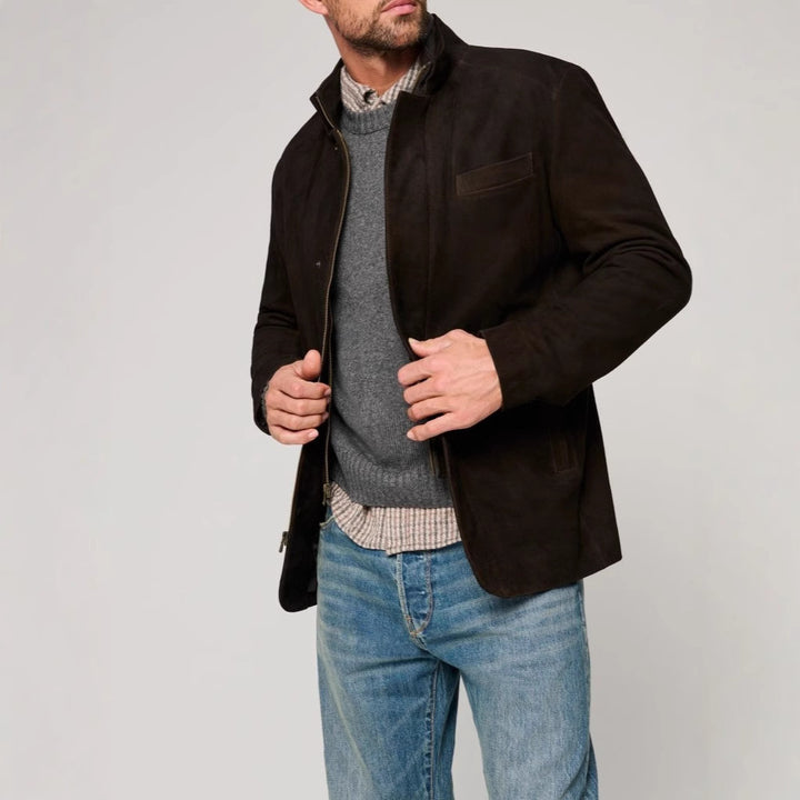 Herren Wildlederjacke im klassischen Schnitt mit Stehkragen und praktischen Taschen Drune