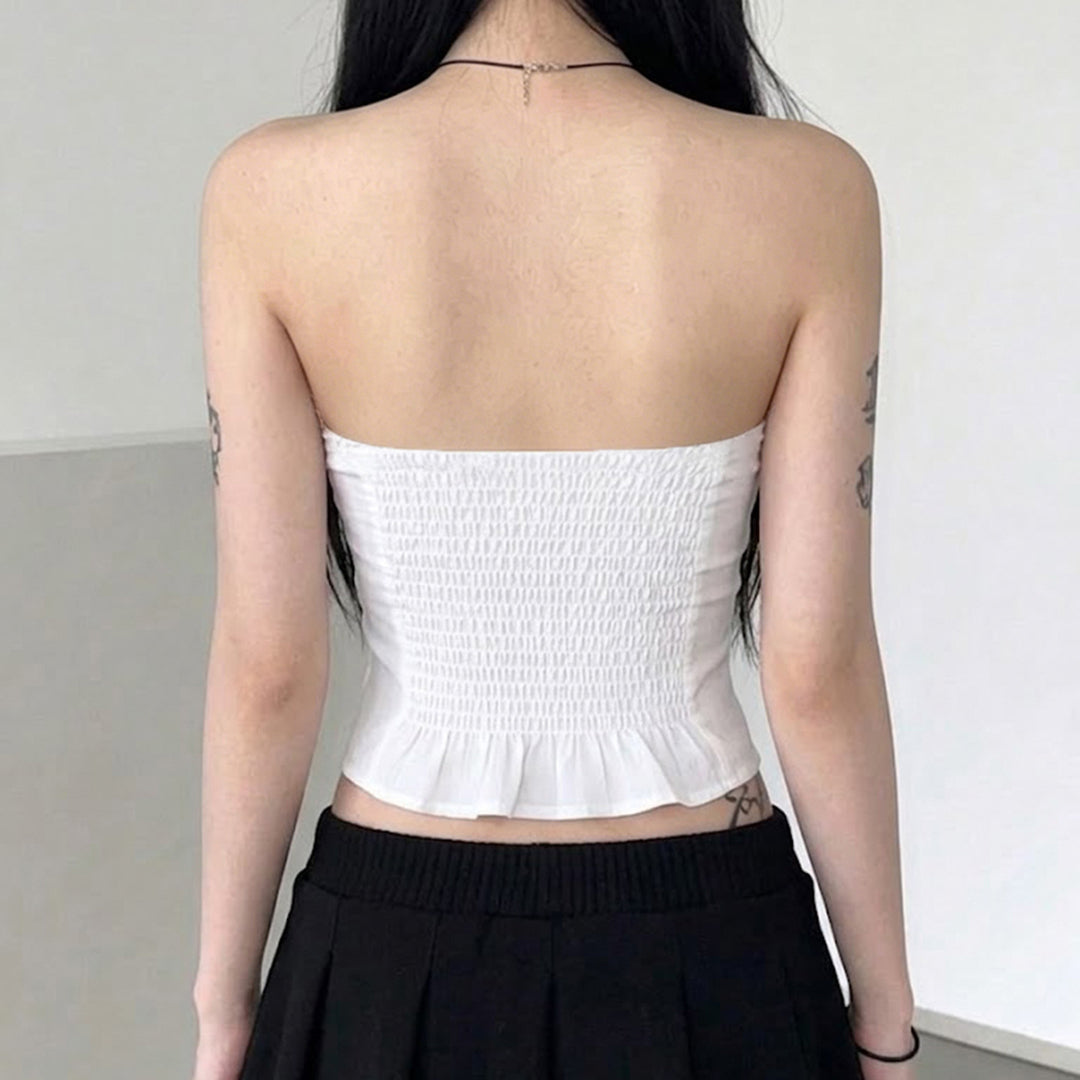 Damen-Spitzen-Bandeau-Top mit Raffungen und dekorativem Bindeband Drune