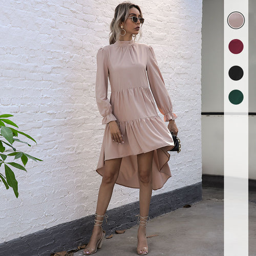 Damen asymmetrisches Wickelkleid mit voluminösen Rüschen und elegantem Stehkragen Drune