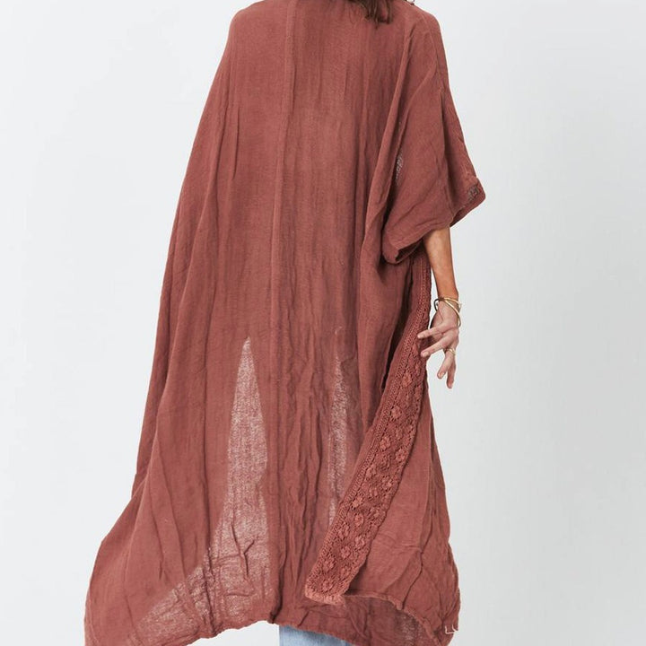 Damen luftiger Kaftan mit feiner Häkelverzierung und weitem Schnitt Drune