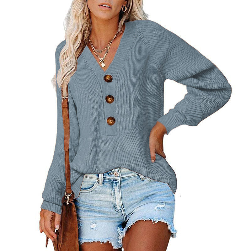 Damen Strickpullover mit tiefem V-Ausschnitt und großen Holzknöpfen Drune