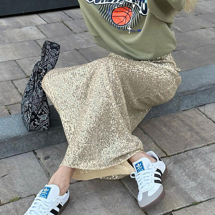 Damen Langer Paillettenrock mit elastischem Bund Drune