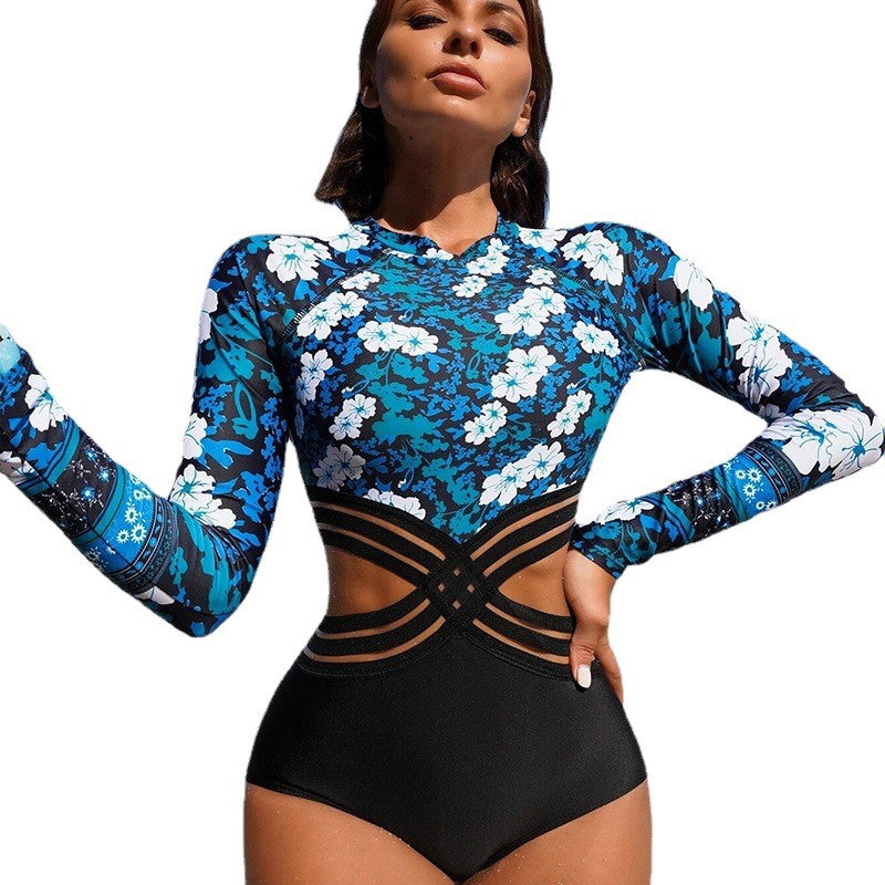 Damen Sportlicher Langarm-Badeanzug mit floralem Design Drune