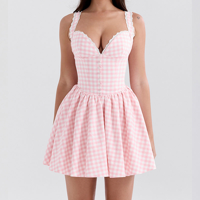 Damen V-Schnitt Minikleid mit Rüschendetails und Karomuster Drune