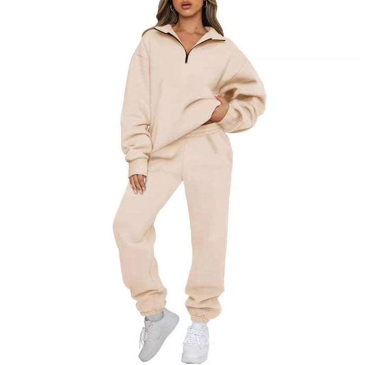 Damen lässiger Hoodie-Trainingsanzug mit Reißverschluss und bundlosen Hosen Drune