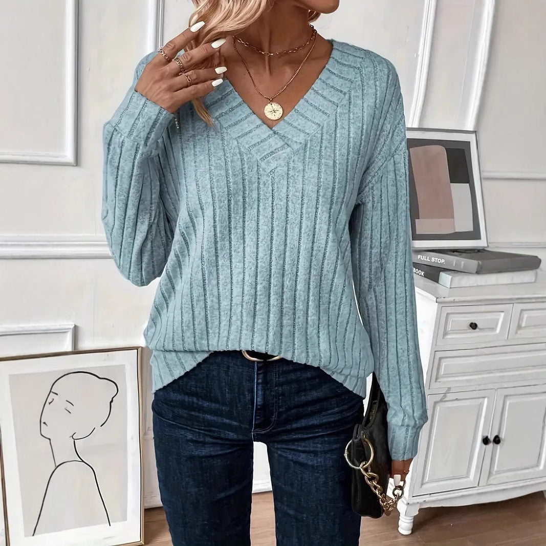 Damen Eleganter V-Ausschnitt Strickpullover mit Rippdesign Drune