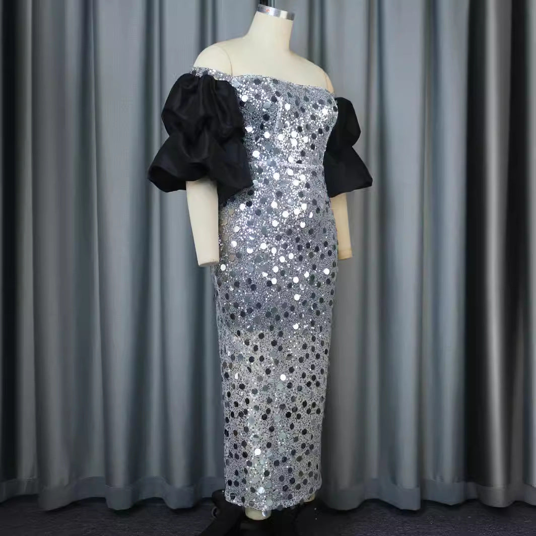 Damen Glitzerndes Abendkleid mit voluminösen Puffärmeln Drune
