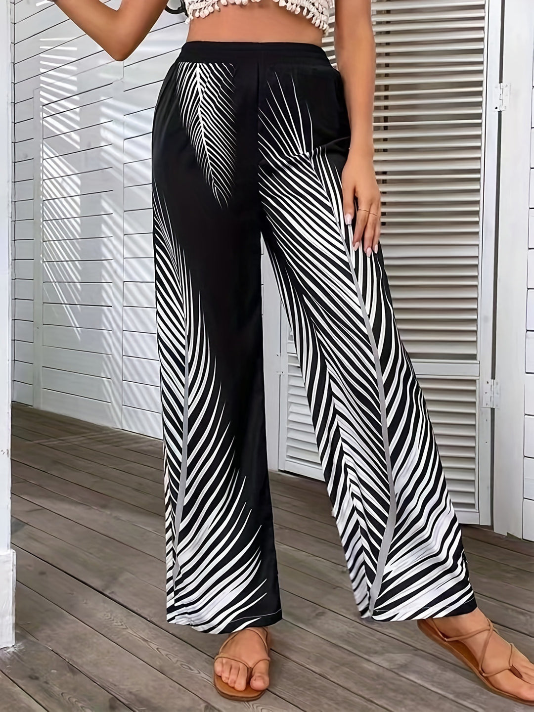 Damen Elegante und luftige Palazzohose mit Palmenmuster Drune