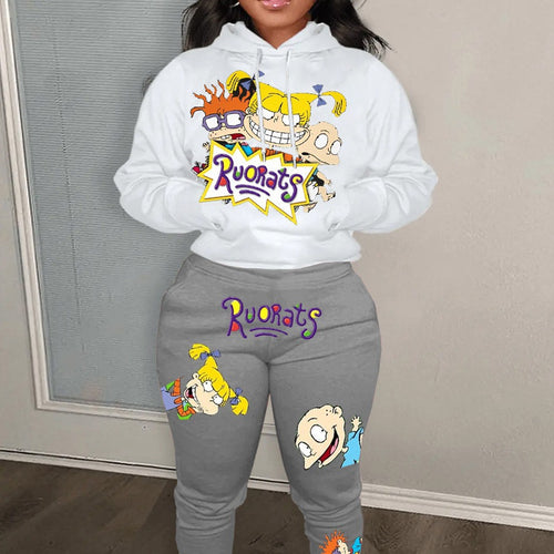Damen Hoodie und Jogginghose Set mit farbenfrohen Cartoon-Motiven Drune
