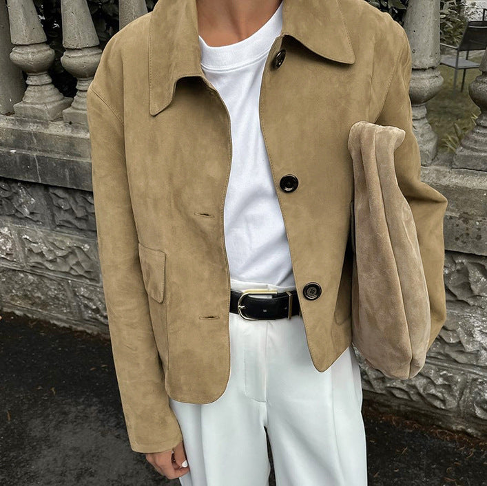 Damen Kurzjacke aus Wildleder mit großen Taschen und Button-Down-Verschluss Drune