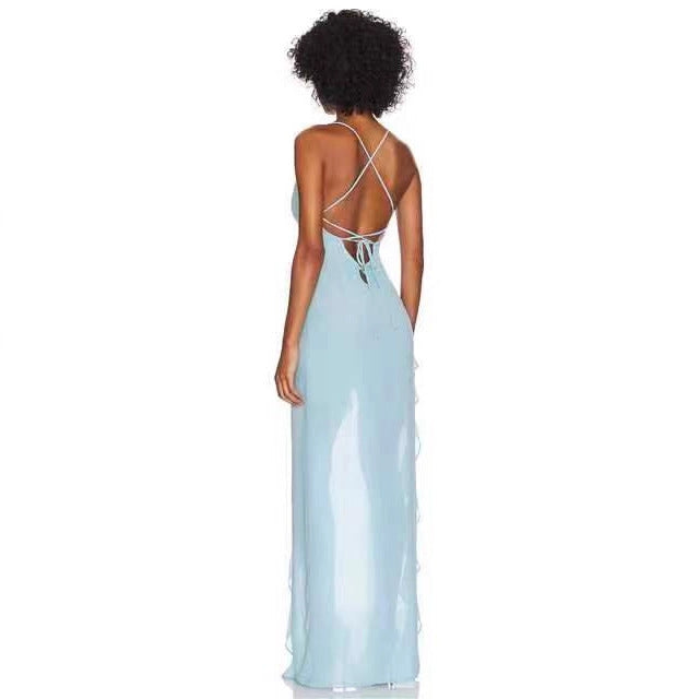 Damen elegantes Maxi-Kleid mit verführerischem Scherenschnitt und trägerlosem Design Drune
