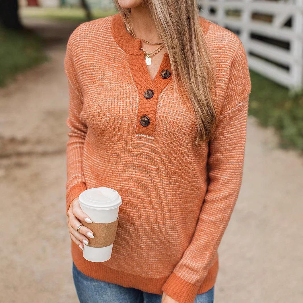Damen lässiger Pullover mit Knopfleiste und strukturiertem Kragen Drune