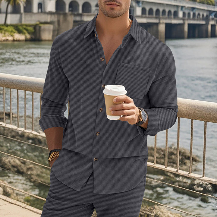 Herren gestreiftes Langarmshirt mit modischem Stehkragen und praktischer Brusttasche Drune