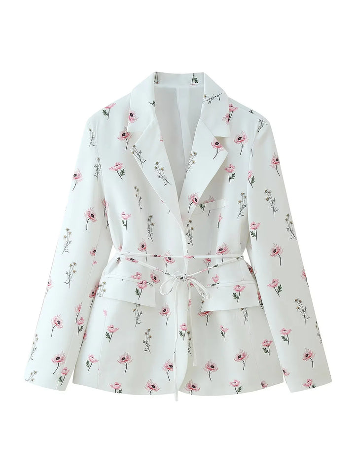 Damen taillierter Blazer mit floralem Muster und Bindegürtel Drune