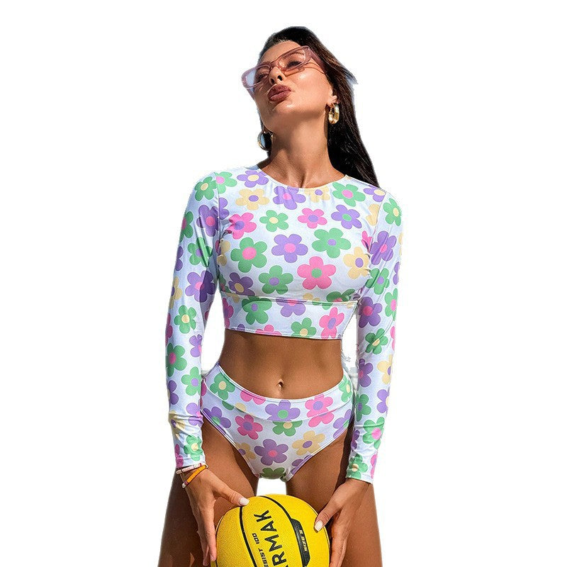 Damen Langarm Bikini-Set mit floralen Mustern Drune