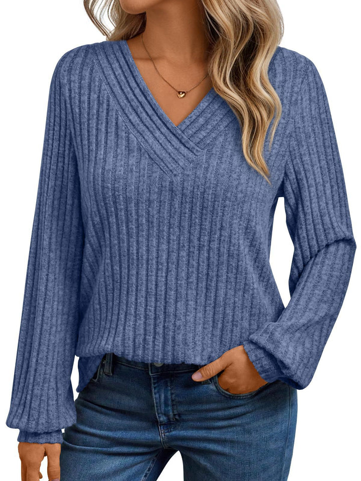 Damen gemütliches Langarmshirt mit strukturiertem V-Ausschnitt Drune