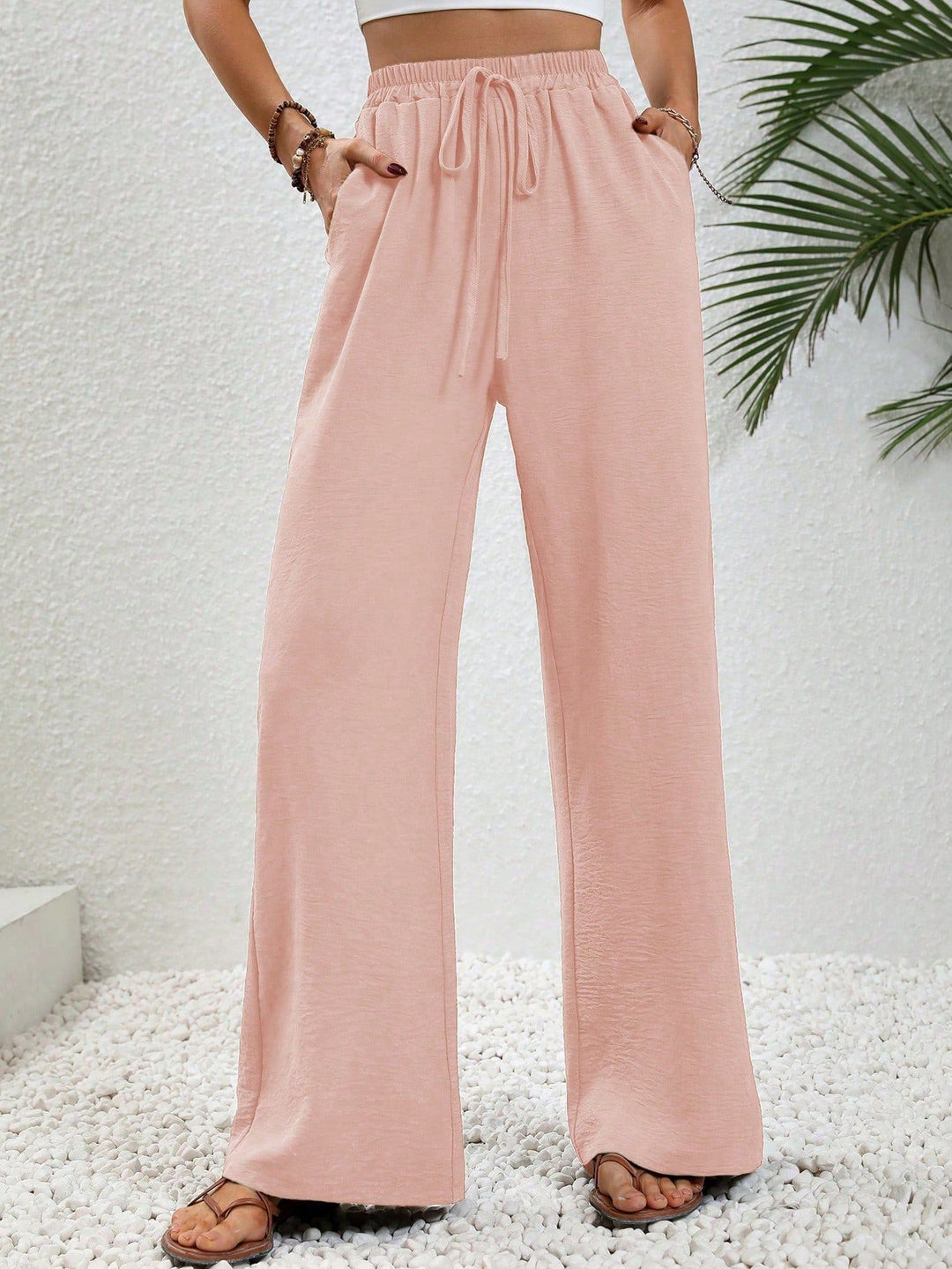 Damen weite Palazzo-Hose mit elastischem Bund und seitlichen Taschen Drune