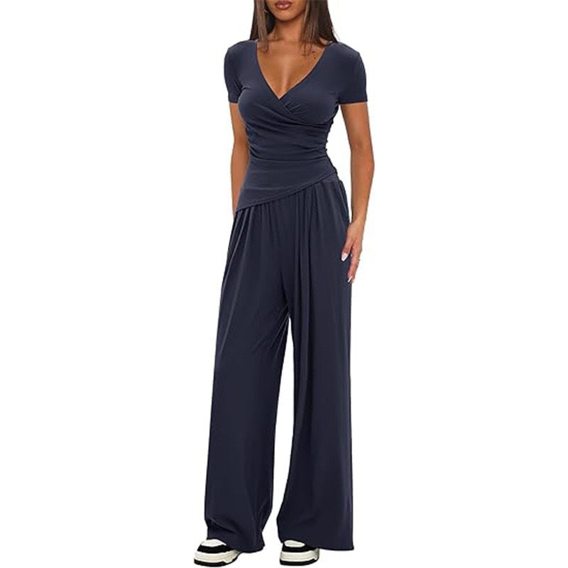 Damen Eleganter Wickel-Jumpsuit mit weitem Bein und modischen Details Drune