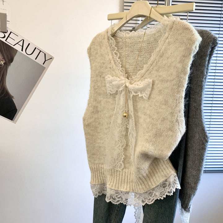 Damen Strickweste mit romantischem Spitzenkragen und dekorativem Bogen Drune