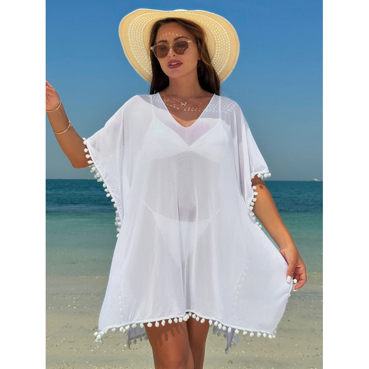 Damen Strandkleid mit dekorativem Pompon-Besatz und elegantem V-Ausschnitt Drune