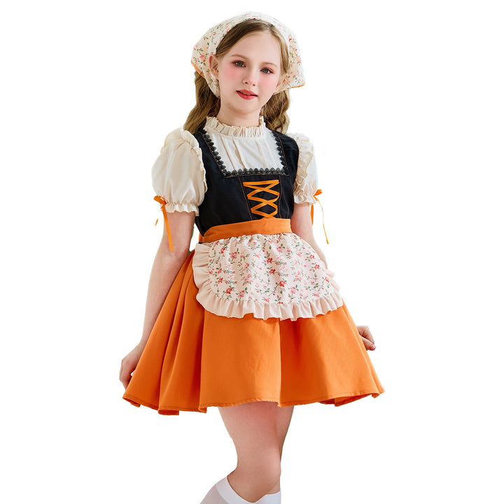 Damen nan traditionelles Kinderdirndl mit Schnürung, Rüschenschürze und Kopftuch Drune