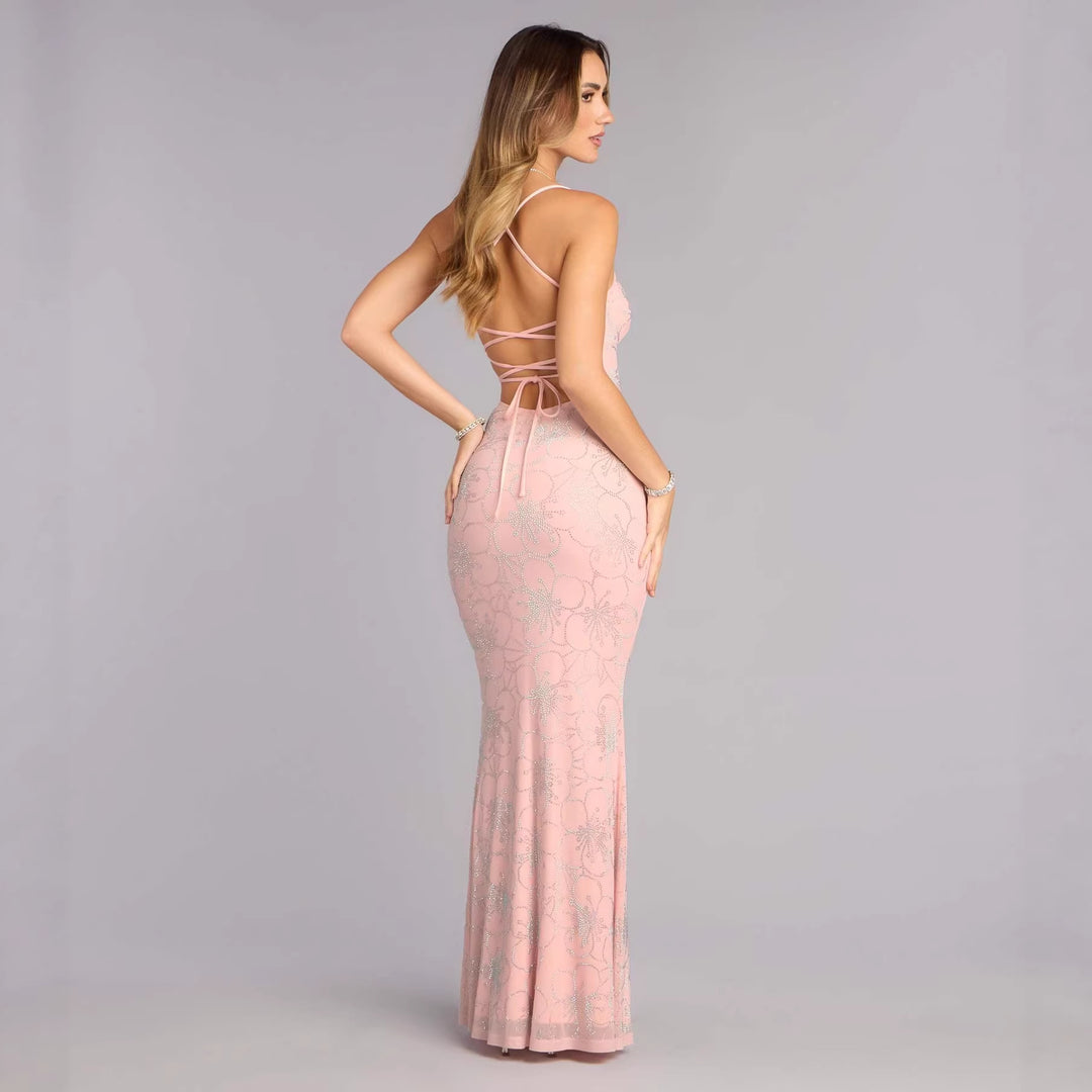 Damen Elegantes Maxikleid mit floralem Glitzermuster Drune