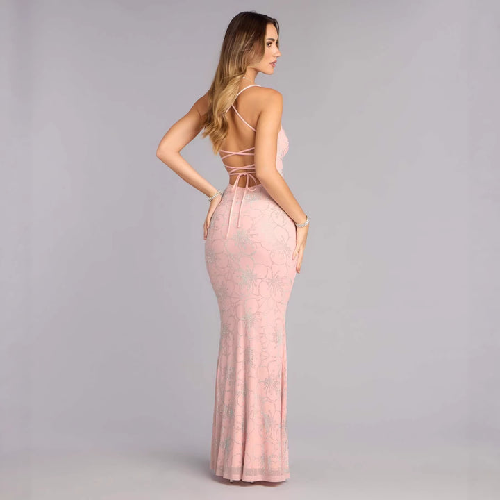 Damen Elegantes Maxikleid mit floralem Glitzermuster Drune