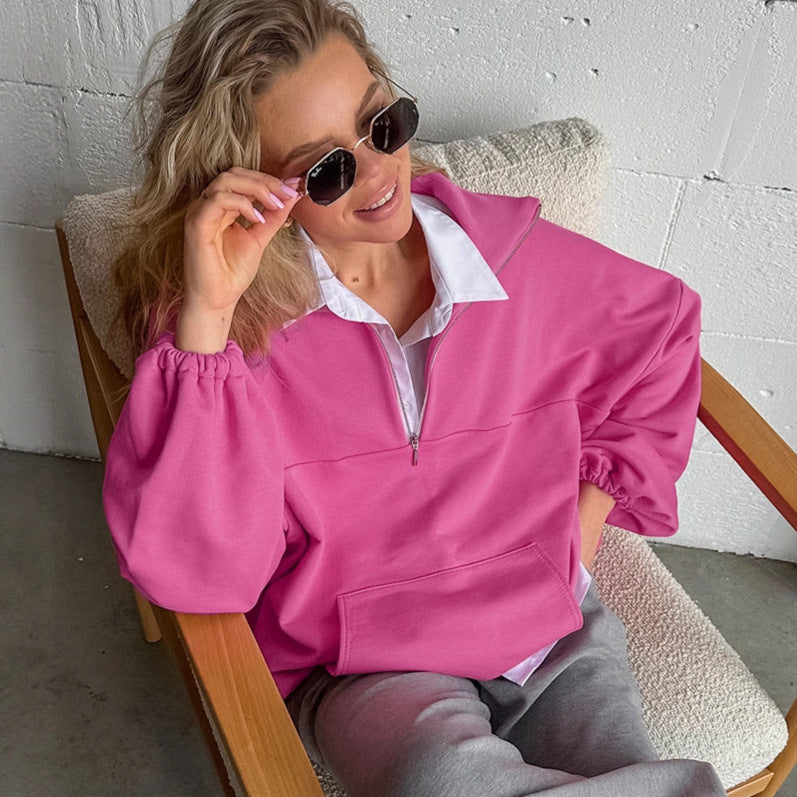 Damen lässiger Oversized-Pullover mit Stehkragen Drune