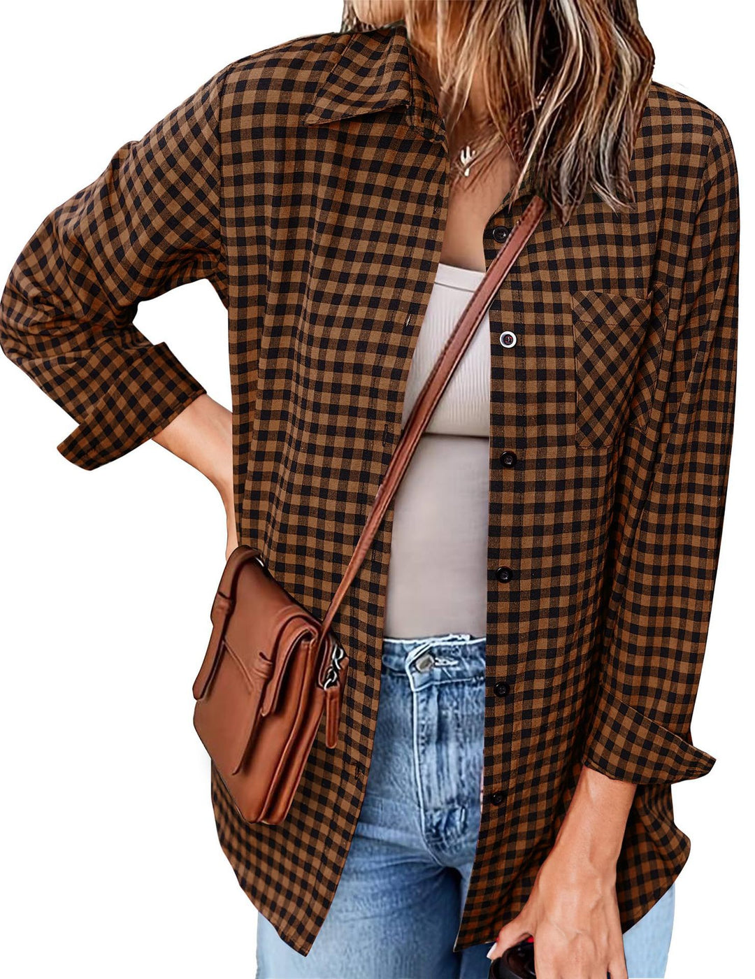 Femme Button-Up Gingham Check Shirt Drune