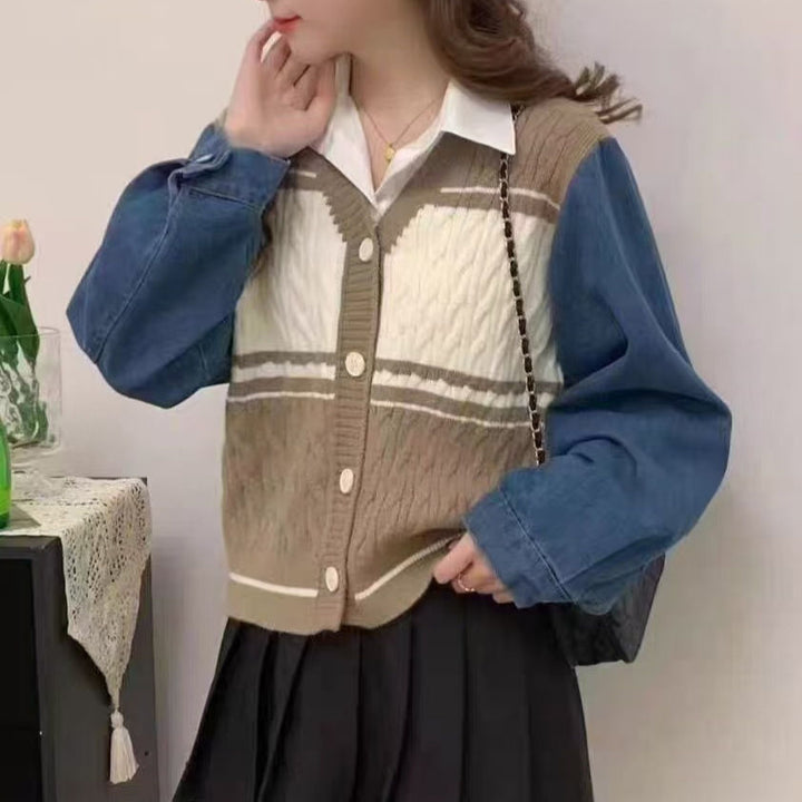 Damen Modische Strickjacke mit Denim-Ärmeln Drune