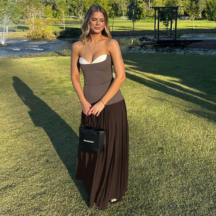 Damen Elegantes Maxikleid mit tiefem V-Ausschnitt und fließendem Rock Drune