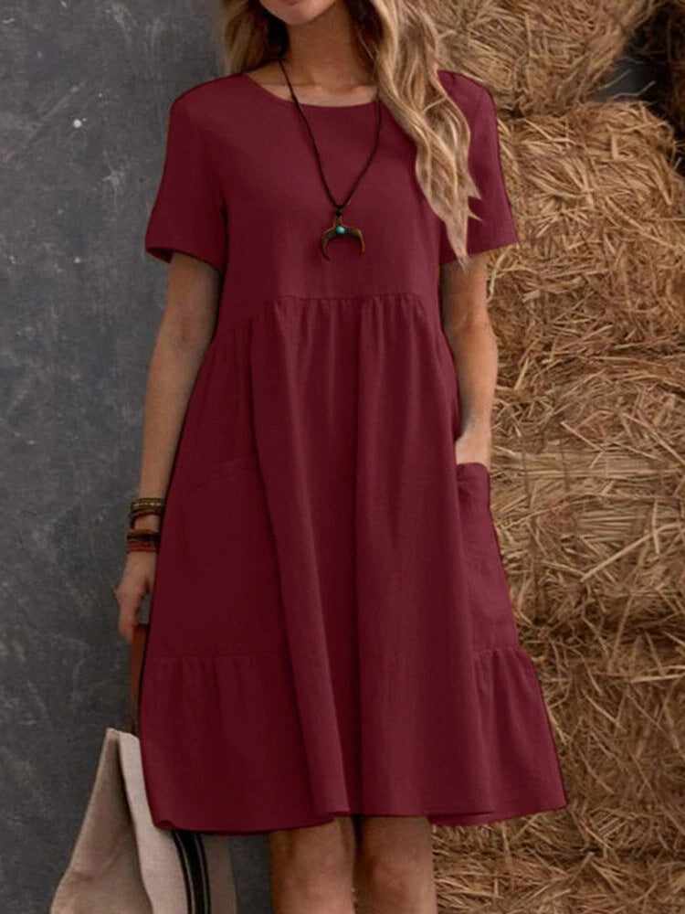Drune | Lose Tasche einfarbig Rundhalsausschnitt Kleid