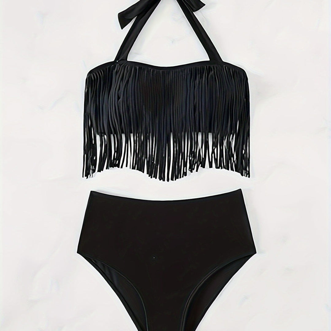 Damen Bikiniset mit fransigem Oberteil und hoch taillierter Hose Drune