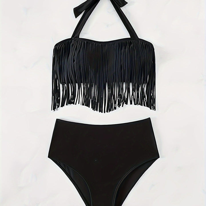 Damen Bikiniset mit fransigem Oberteil und hoch taillierter Hose Drune