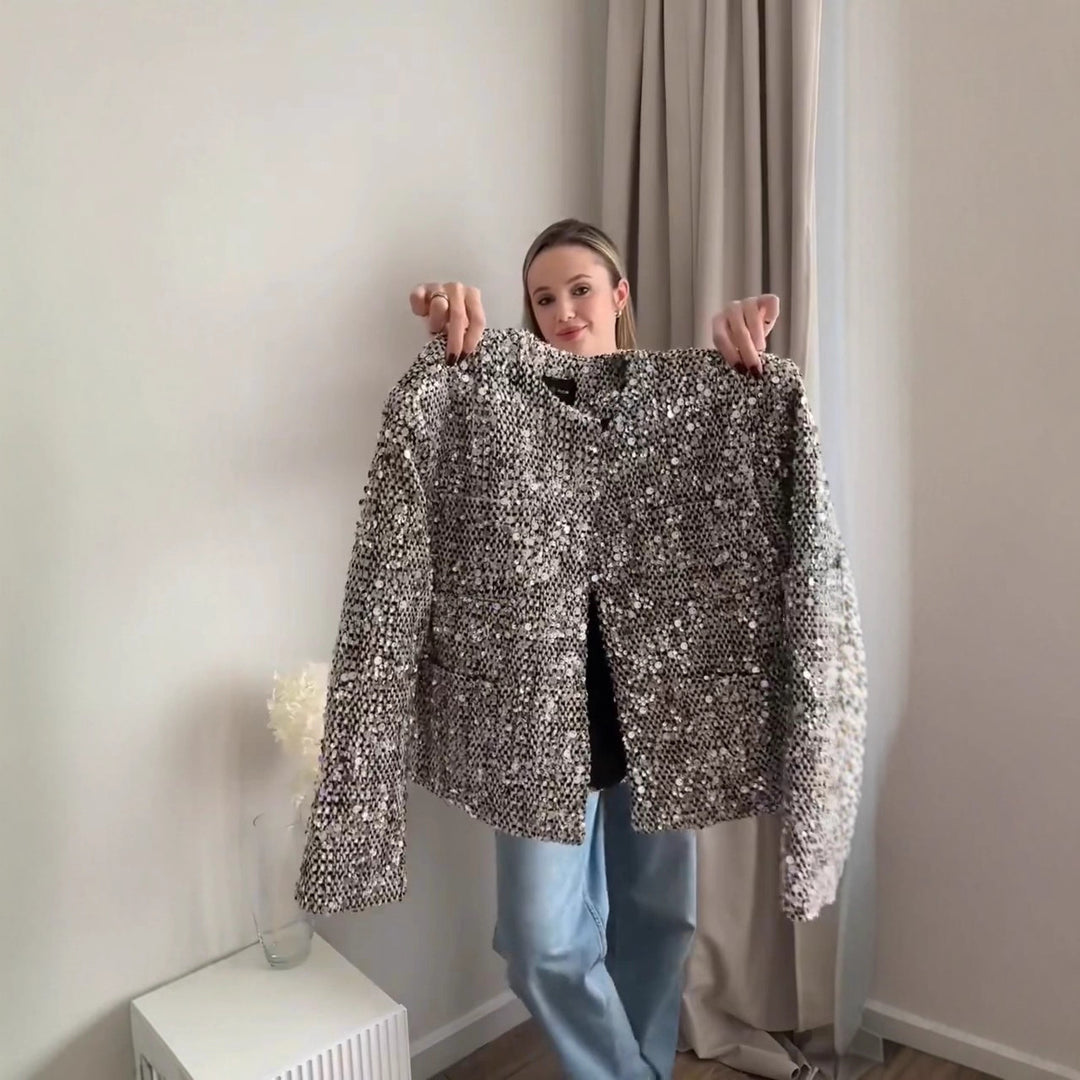 Damen nan gefütterte Bouclé-Kurzjacke mit Paillettenbesatz, Rundhalsausschnitt und offener Front Drune