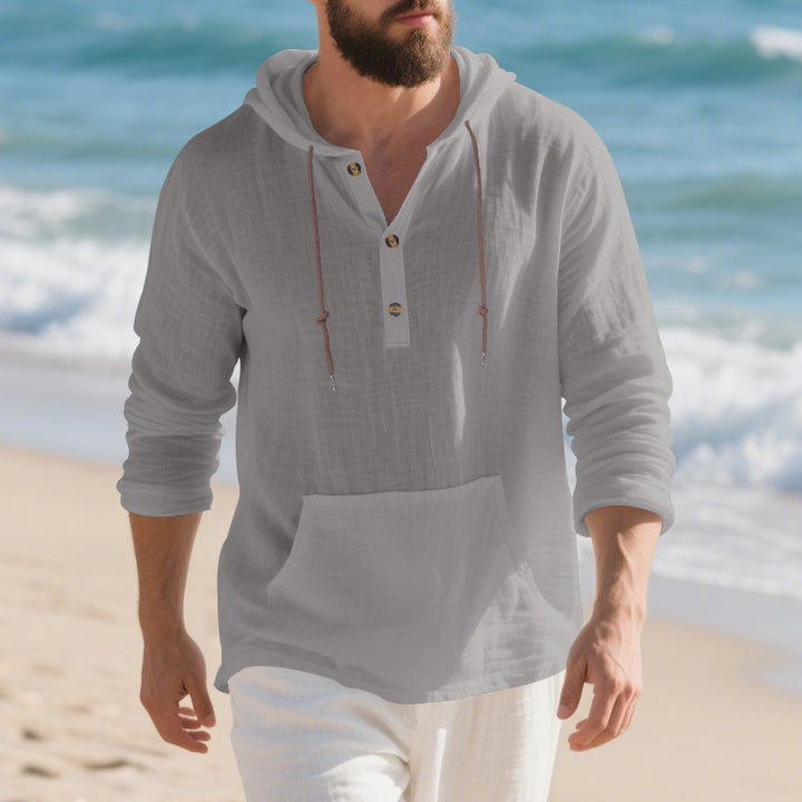 Herren nan leichtes Leinen-Henley-Kapuzenoberteil mit Kängurutasche und lässigem Relax-Fit Drune