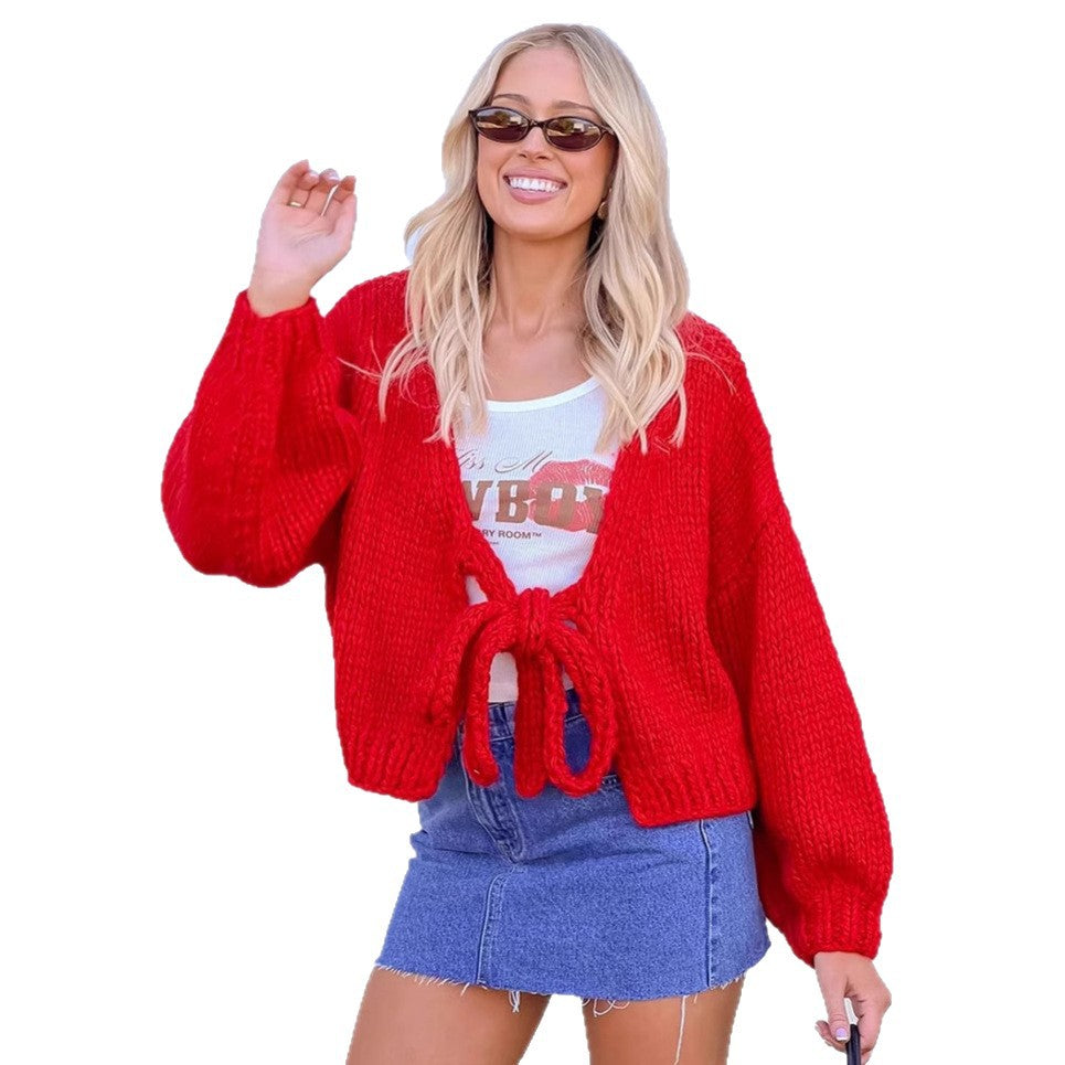 Damen lässige Strickjacke mit Bindeverschluss und weiten Ärmeln Drune