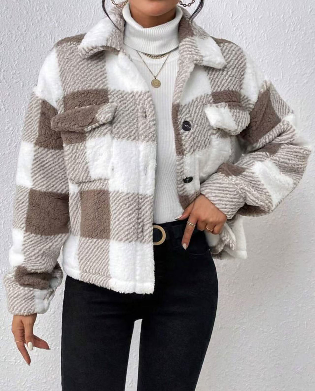 Damen Kuschelige Karojacke mit Umlegekragen Drune