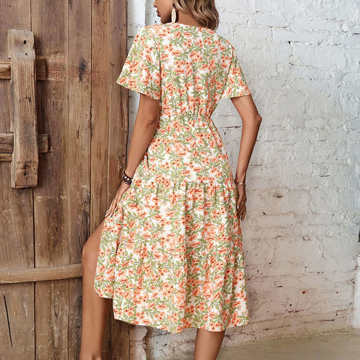 Damen Blumenkleid mit V-Ausschnitt und Knopfleiste Drune