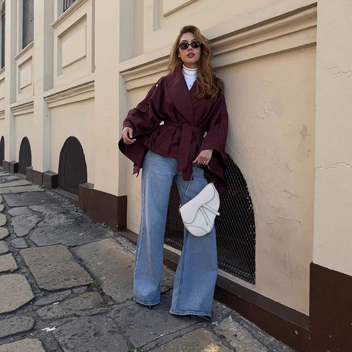 Damen Modische Oversized-Trenchcoat mit Taillengürtel Drune