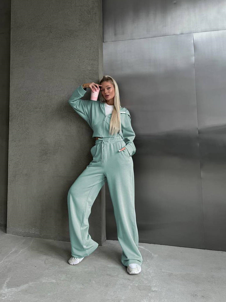 Damen nan zweiteiliges Cropped Hoodie-Set mit weitem Bundhose-Schnitt und tailliertem Reißverschluss Drune