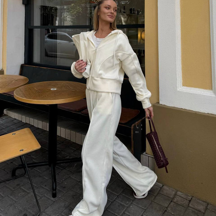 Damen Fleece Freizeitanzug mit stylischer Kapuze und elastischem Bund Drune