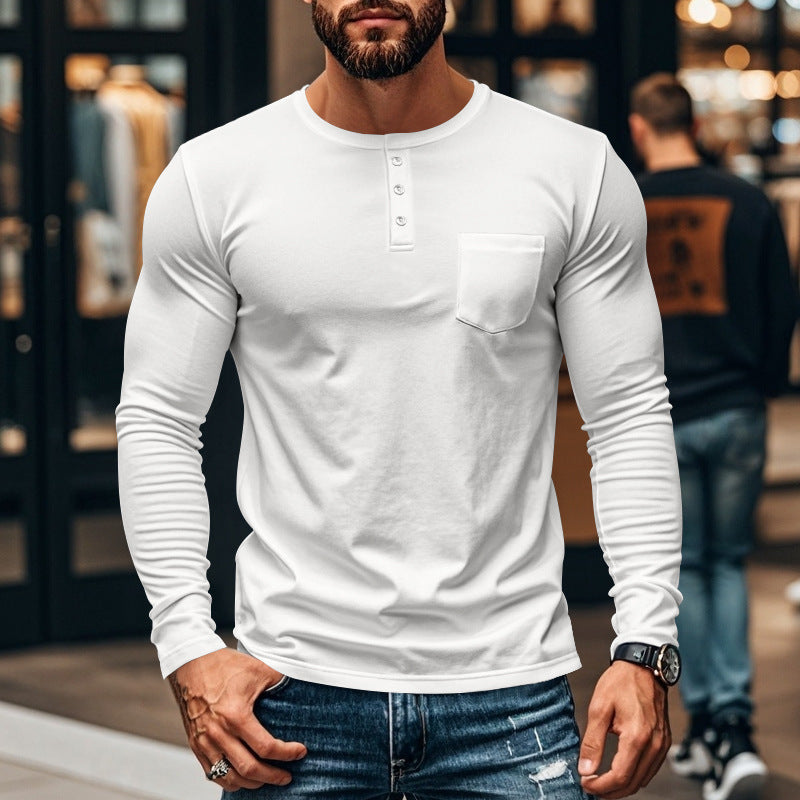 Herren nan figurbetontes Henley-Langarmshirt mit Brusttasche und feinem Stretchjersey Drune